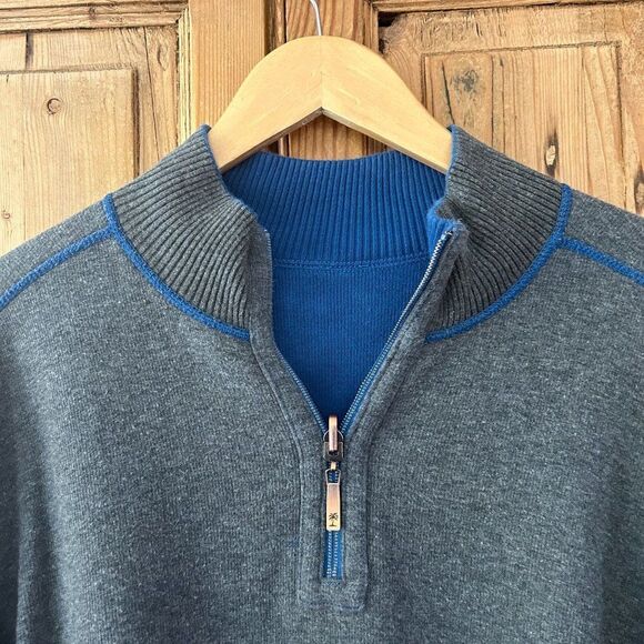 Men's Tommy Bahama Large Blue Gray Reversible Sweater Pullover 1/4 Zip V-Neck - Picture 8 of 10